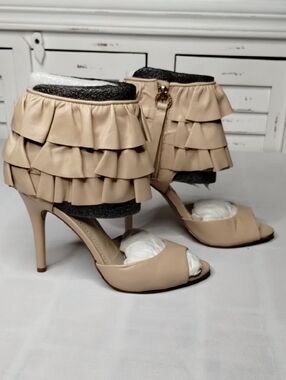 Kirna Zabete By Nine West Leather Ruffled Ankle Cuff Open-Toe High Heels - Beige